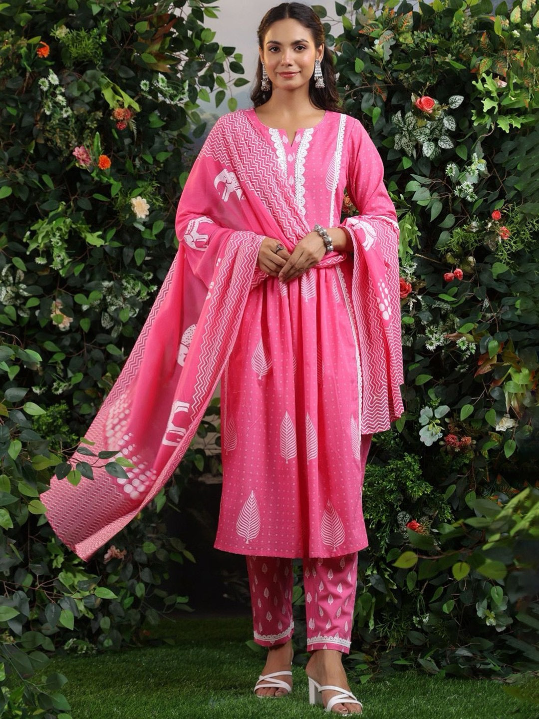 Bright Pink Handblock Print Cotton Suit Set with Embroidered Yoke